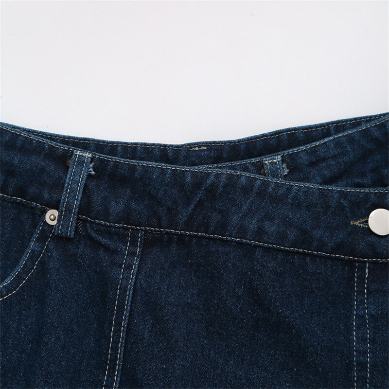KEYANKETIAN 2024 New Launch Women Dark Blue Denim Shorts Street style Asymmetrical Zipper High-waisted Straight Hot Pants Jeans