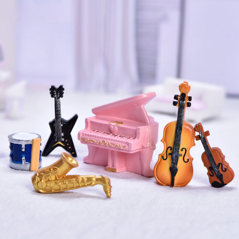 Rumah boneka aksesoris lanskap mikro simulasi alat musik Model miniatur Piano Retro gitar Kreatif Dekorasi Desktop mainan