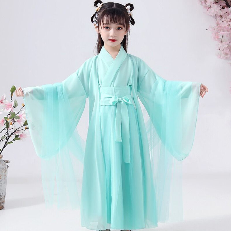 Para meninas hanfu das crianças antigo verão manga longa saia antiga fadas fio de luz verde tang vestido