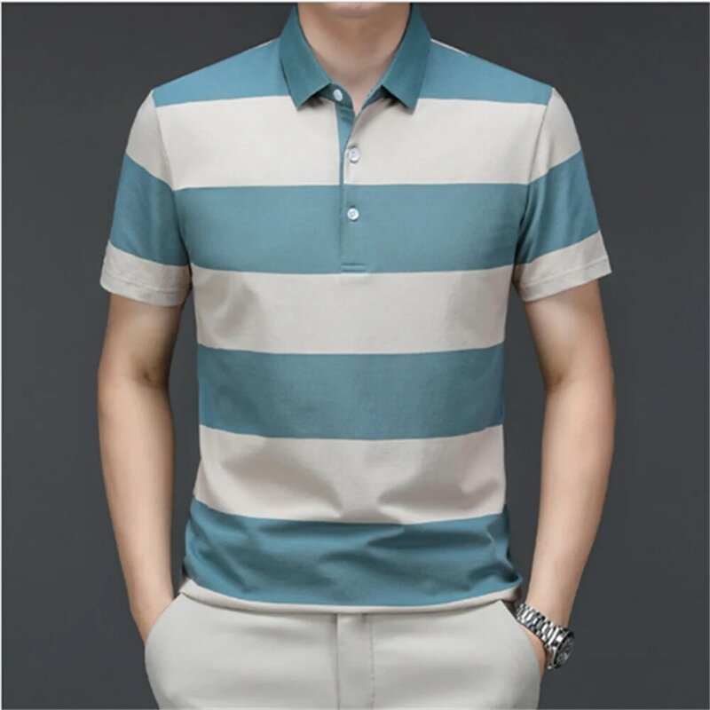 Повседневная мужская пляжная Модная рубашка POL в полоску с коротким рукавом и отложным воротником для весны и лета