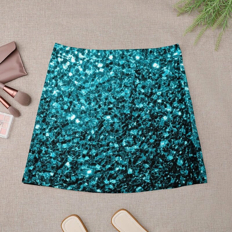 Mini-saia brilhante do brilho sintético feminina, saias elegantes para o baile, azul Aqua