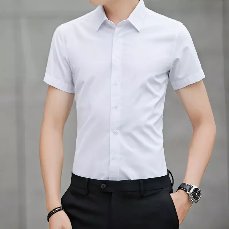 Camisas de manga corta para hombre, camisas ajustadas de Color sólido para jóvenes, camisa negra fina sin planchado, moda coreana, novedad de verano 2024