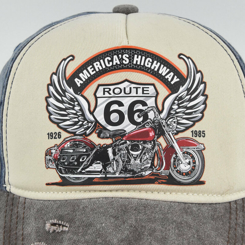 Baseball Cap Sun hat Retro-style Washed denim baseball cap Color matching ROUTE 66  Spring Autumn baseball Hip Hop Fitted Cap
