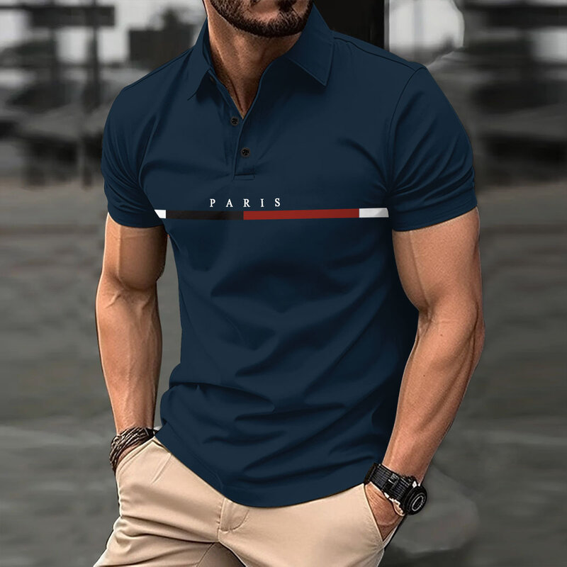 Camisa polo listrada solta masculina, cor de contraste, blazer de botões combinando, tendência da moda francesa, verão, explosão