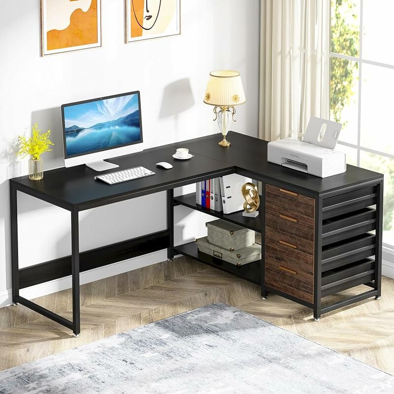 Tribesigns L Shaped Computer Desk with Storage Drawers, 59 inch Corner Desk with Shelves, Reversible L-Shaped Office Desk Study