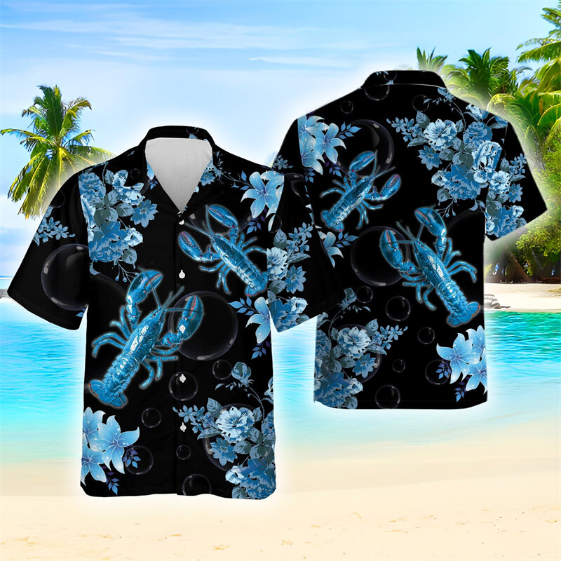 Âncora de Lagosta Masculina Estampada 3D Camisas Havaianas, Moda Harajuku, Tops de Manga Curta de Praia, Roupas de Flores Vintage