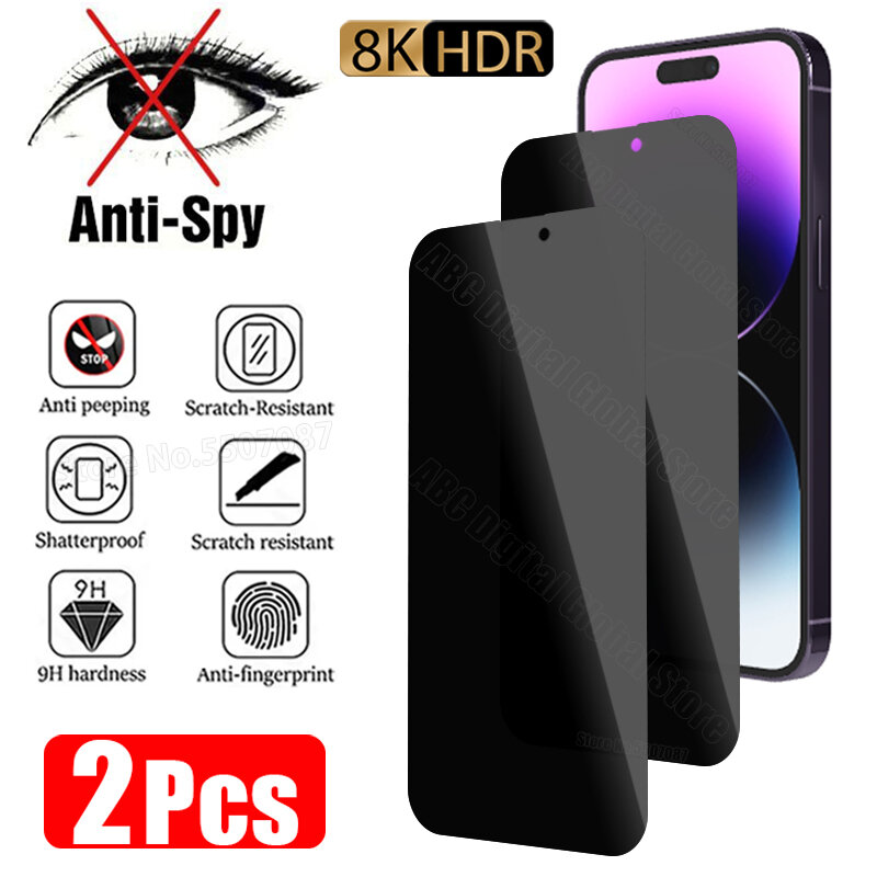 กระจกนิรภัย2ชิ้นสำหรับ iPhone 15 14 13 12 11 PRO MINI Anti-Spy Screen Protector สำหรับ iPhone x XS XR 7 8 6 plus SE 2020 2022