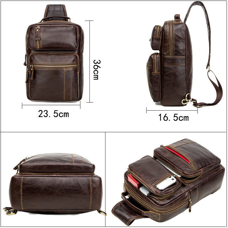 Retro Male Top Layer Cowhide Genuine Leather  Shoulder Bags Waterproof Crossbody Travel Sling Messenger Pack Chest Bag for Men