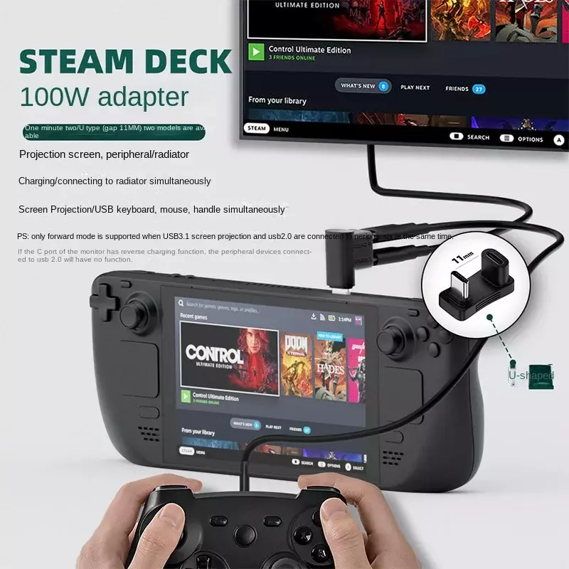 Подходит для Steam Deck 2-в-1 Удлинительный разъем под прямым углом USB C адаптер «штырь-гнездо» Аксессуары для игровой консоли