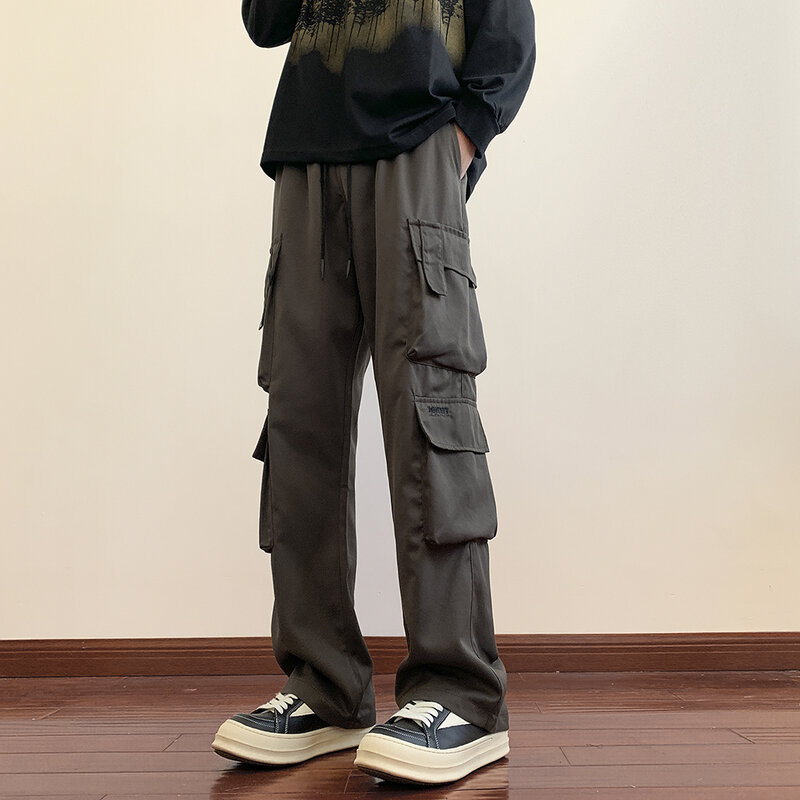 New Spring Men Wide Leg Pocket Cargo Pants Locomotive Trousers Neutral Loose Casual Streetwear Straight Outdoor Fashion Pants