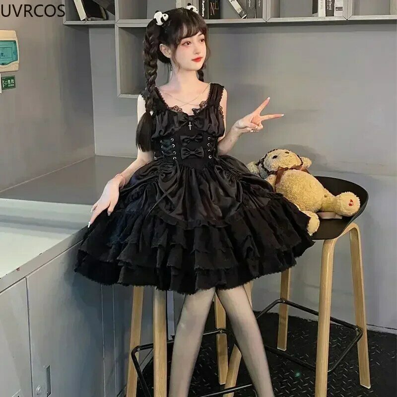 Vestido lolita gótico vitoriano japonês para mulheres, estilo punk, renda doce, comer arco, vestidos de festa, harajuku, cosplay y2k, princesa