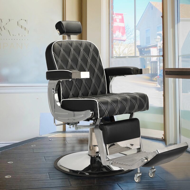 Reclining Barber Chair Hydraulic Salon Chair with Adjustable Headrest and Heavy Duty Base for Hair Cutting, Black+Silver XH