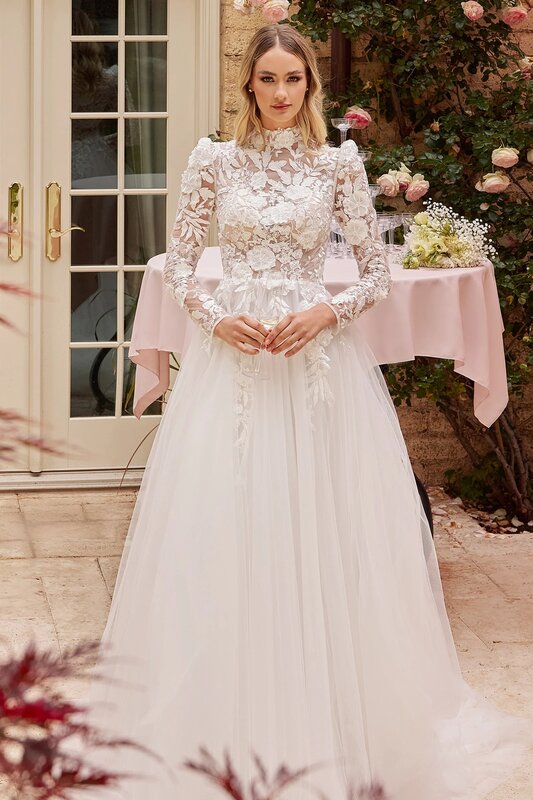 Vestido de noiva clássico com renda, manga comprida, elegante vestido nupcial, até o chão, romântico, 2024