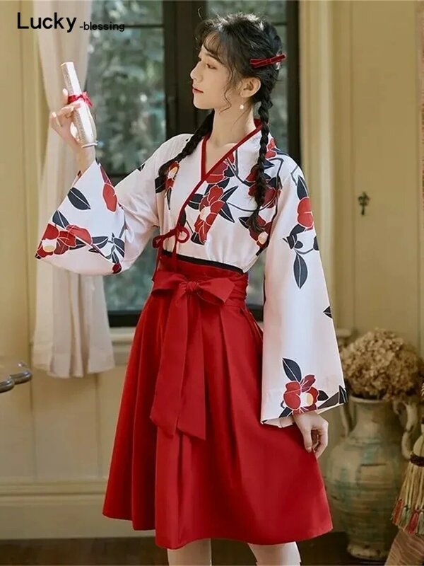 Kimono Sakura Mädchen japanischen Stil Blumen druck Vintage Kleid Frau Kostüm Haori Robe Set für Party Yukata asiatische Cosplay Kleidung