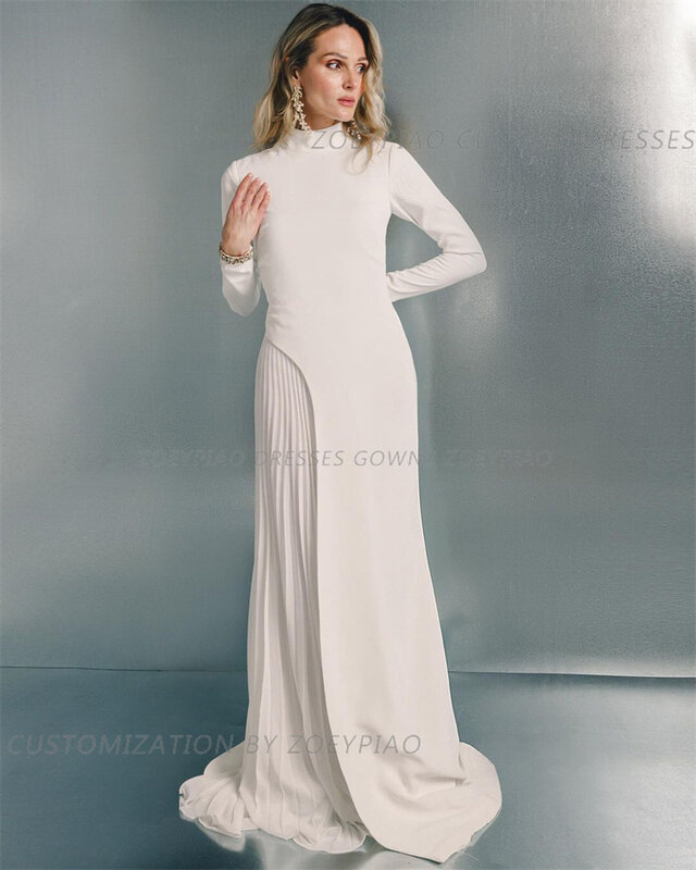 Gaun Prom h2isa kasual Formal gaun malam lengan penuh model A Line Satin Gaun pesta cosplay leher tinggi gaun pesta Dubai Arab 2024