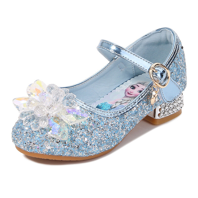 Sepatu anak perempuan hak tinggi Elsa, sepatu kulit kristal anak perempuan kecil, sepatu putri anak-anak, sepatu pesta berjalan anak-anak