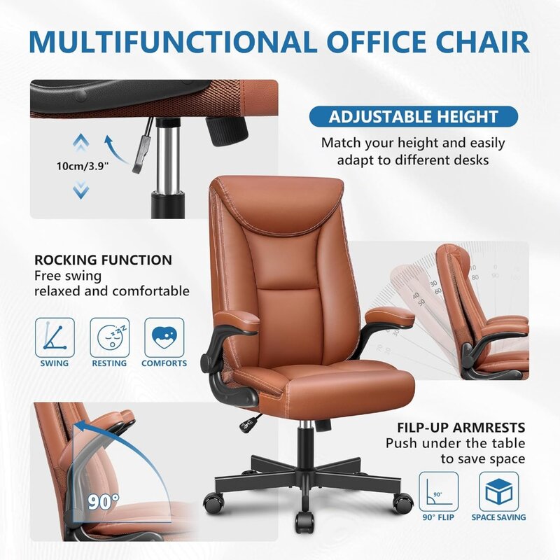 Cadeira de escritório ergonômica de couro, cadeiras grandes e altas, braços ajustáveis flip-up, apoio lombar, função de balanço, marrom