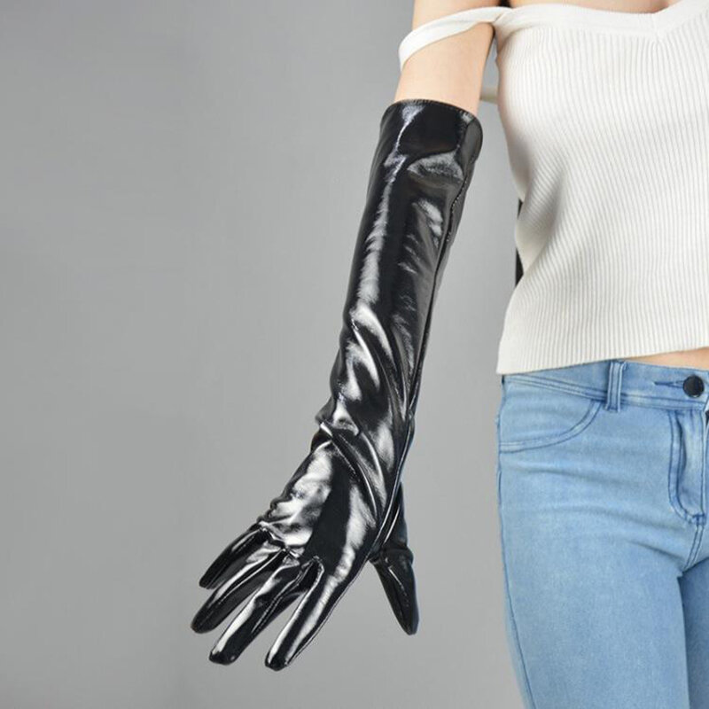 50cm Long Sectiof Patent Leather Gloves Emulation Leather Sheepskin Bright Leather PU Bright Black Women's Gloves WPU42