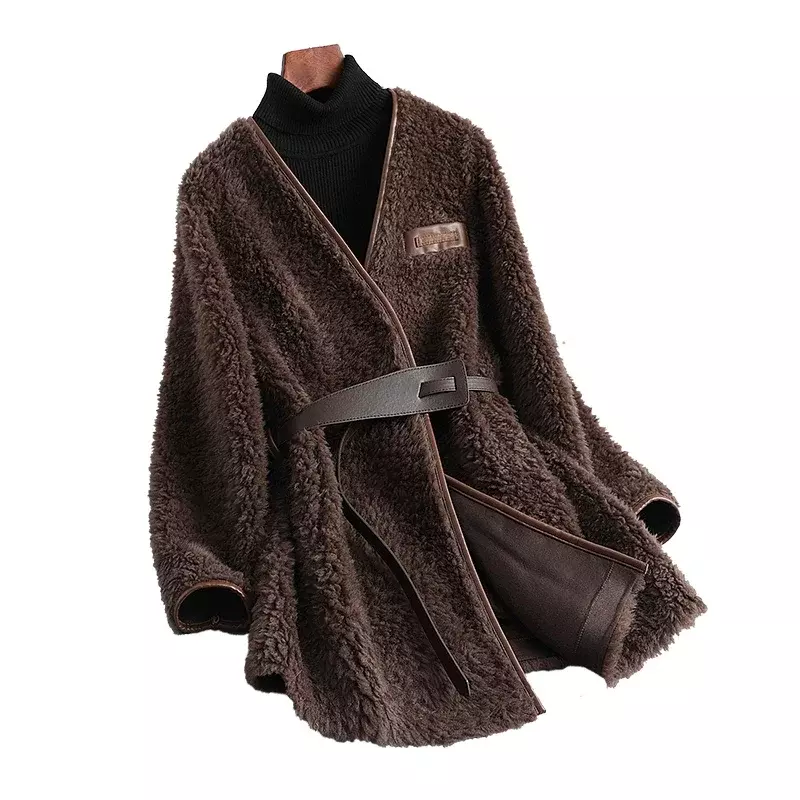 Шерстяное меховое пальто средней длины, женская одежда, зимняя меховая куртка, зимнее пальто, модное повседневное приталенное меховое пальто с V-образным вырезом, Casacos Femininos Zm