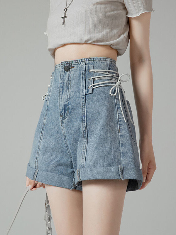 Zoki Fashion Lace Up Denim Shorts Women Sweet High Waist Preppy Style Jeans Shorts Summer Casual Design Cute Korean Shorts New