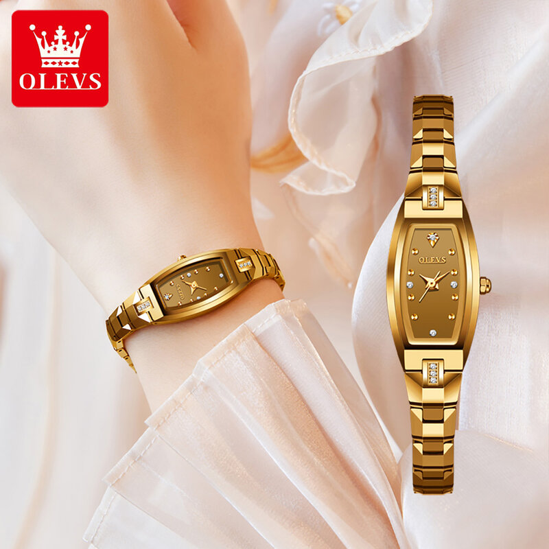 OLEVS-Reloj de acero de tungsteno dorado para mujer, pulsera ultrafina de lujo con movimiento de cuarzo japonés, resistente al agua hasta 30m