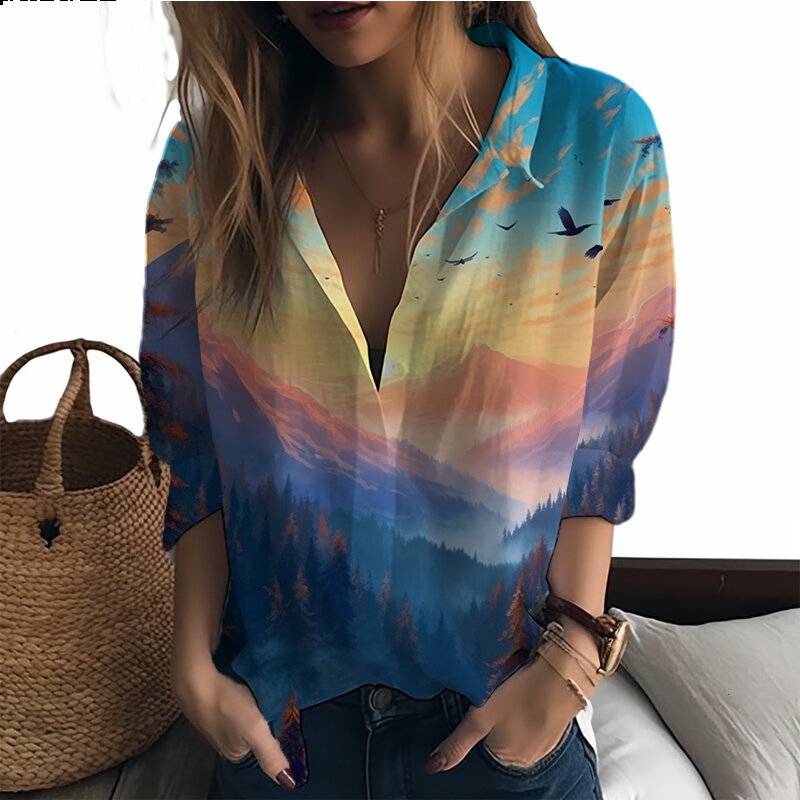 Camisa solta estampada 3D paisagem para senhoras, estilo casual de férias, tendência fashion, nova, verão
