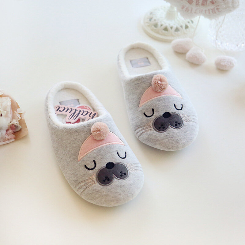 Cute Plush Sea Seal Slippers Indoor Fabric Shoes Rubber Bottom Girl Shoes Female Women