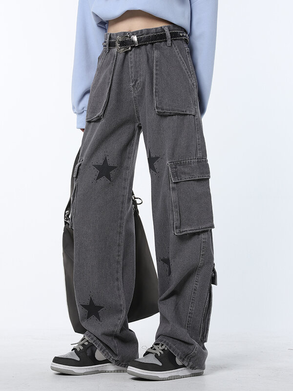 Women Grey Jeans Streetwear Vintage Wash Wide Leg Denim Pants Y2K Straight Four Pockets Baggy Cargo Jeans With Stars Pants 2023