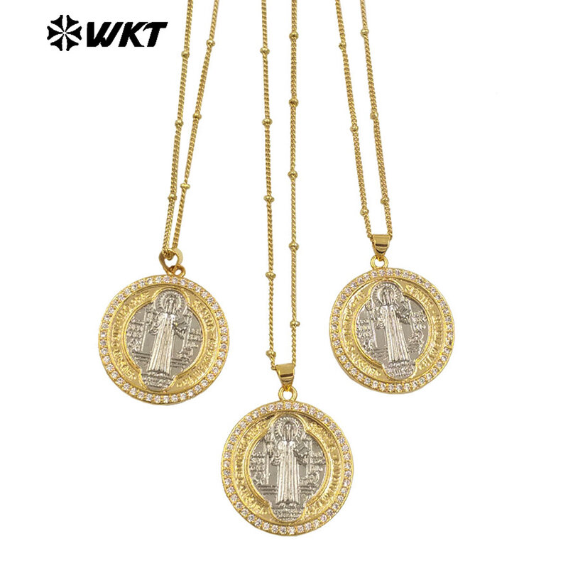 Colgante de latón amarillo con circonita cúbica, collar de oro de 18 quilates, exquisito y clásico, WT-MN987, religioso