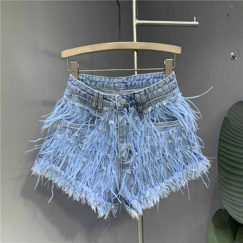 Short en jean pour femme avec glands fins, diamant intégré, spectacles de cheveux d'autruche, mode, tendance estivale, nouveau, 2023