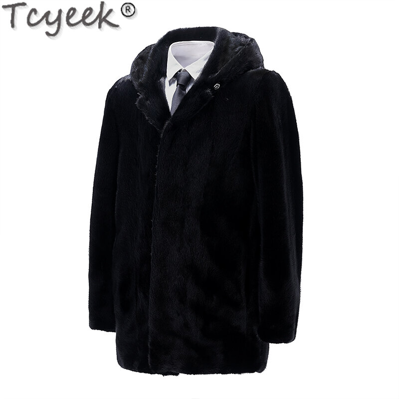 Tcyeek-casaco de pele de vison masculino e feminino, casaco de pele com capuz médio, roupas masculinas, quente, natural, alta qualidade, inverno