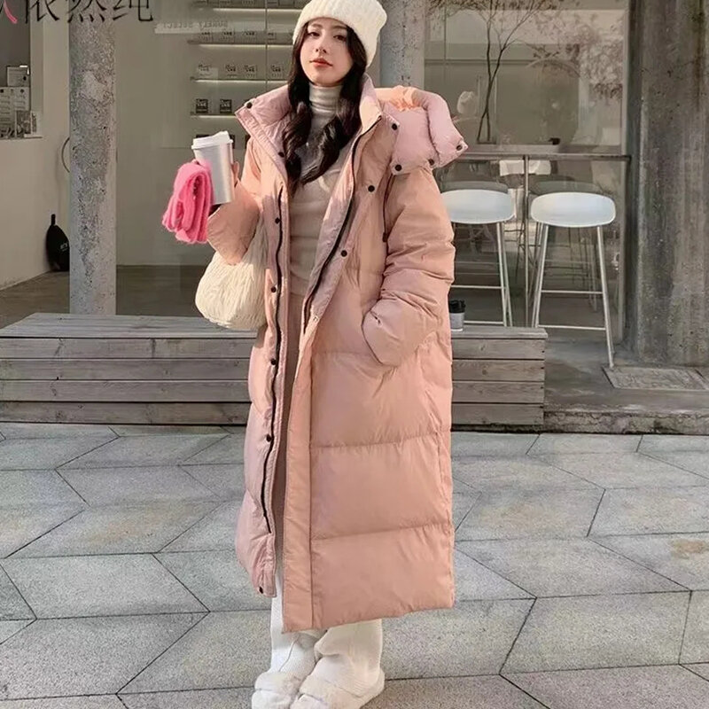 New Women's Long Hooded Down Cotton Jackets Outerwear Straight Coat Winter Female Warm Casual Hooded Down Parkas Overcoat Khaki