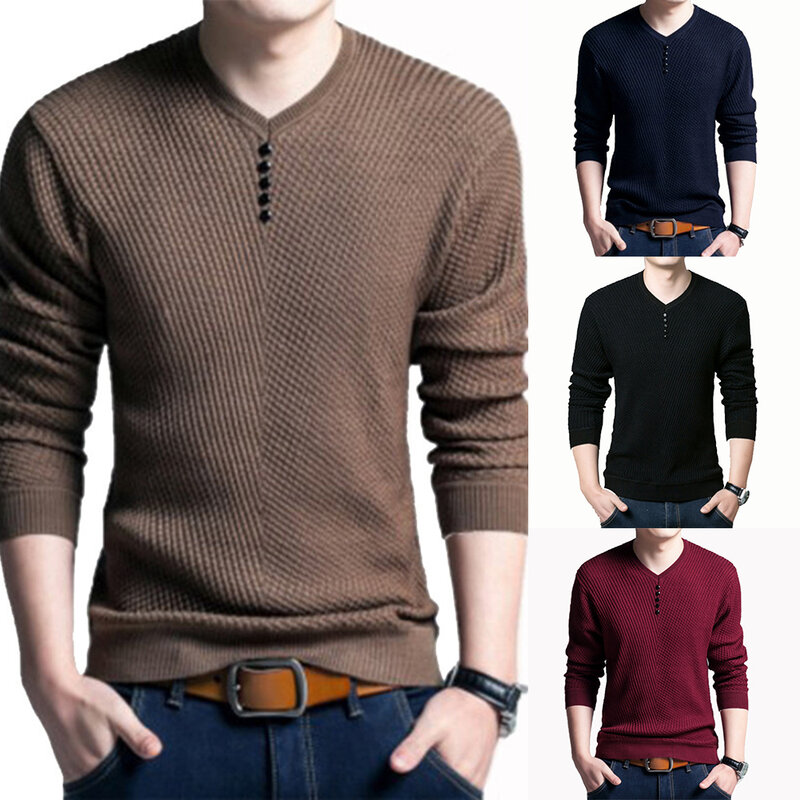 Sweater pria lengan panjang, blus kasual atasan rajut leher O, baju Pullover warna Solid, atasan Jumper lengan panjang, blus rajut