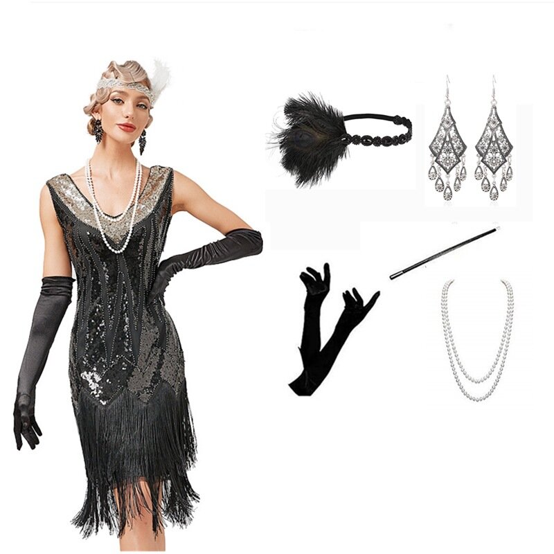 2023 Summer New Women's V-neck Sleeveless Sequined Tassel Dress 1920S Retro Dance Party Evening Dress
