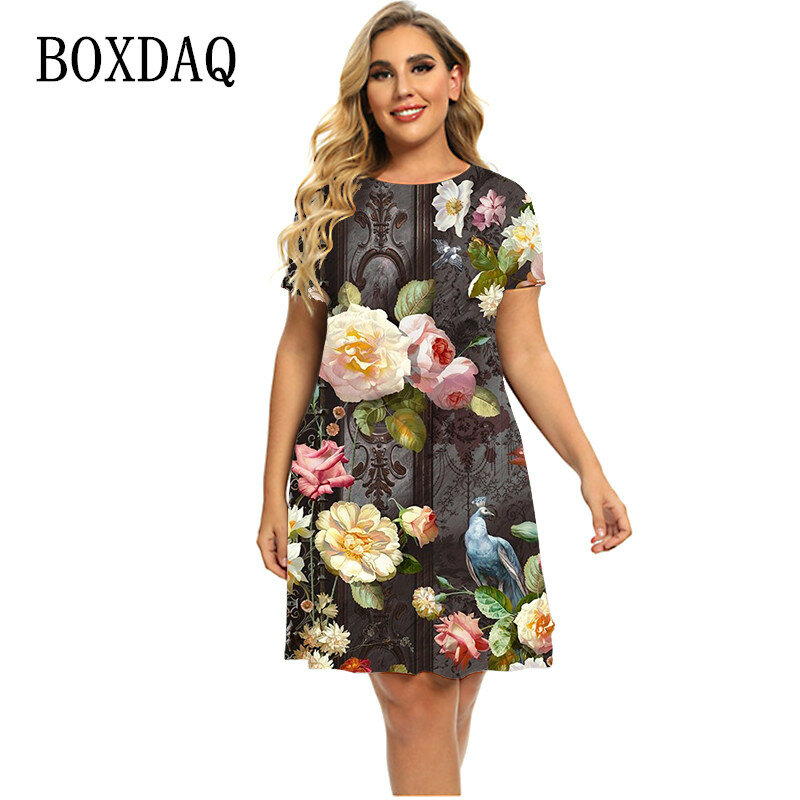 Summer Retro Floral Plant Pattern Dresses For 2023 Women Clothing Plus Size Short Sleeve Loose Clothing Casual 3D Print Dress