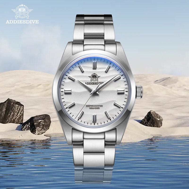 Zegarek męski ADDIESDIVE z tarczą piaskową 36mm zegarek kwarcowy 100m wodoodporny ze stali nierdzewnej 316L z powłoką szklane wypukłe koraliki zegarek męski