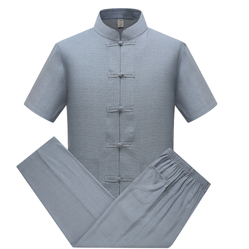 Tradycyjny stroje Tang w całości zapinana na guziki Top w stylu Vintage kurtka z krótkim rękawem męska bawełniana odzież Kung Fu strój męski