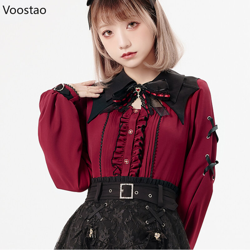 Harajuku Gothic Lolita koszula japońska Y2k estetyczna kokarda koronka wydrążona z kołnierzykiem nietoperza bluzka z długim rękawem eleganckie ubrania topy damskie
