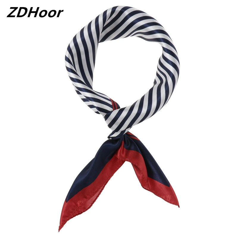 Women Small Square Scarf Sailor Cap Set Stewardess Striped Patchwork Satin Scarf with Carnival Christmas Striped Navy Sailor Cap