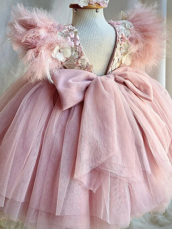 New  2024 Christmas Pink Bow Tulle Party Wedding Celebration Birthday Prom Dress Girl 0-6 year old Butterfly Flower Dresses