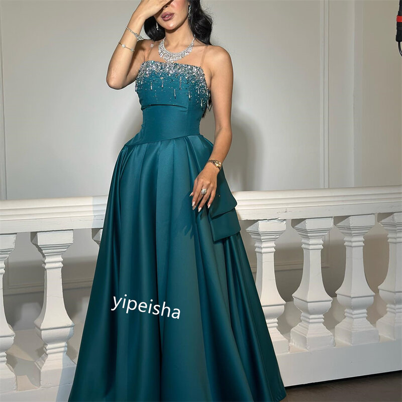 Satin Beading Draped Cocktail Party Ball Gown Strapless Bespoke Occasion Gown Long Dresses
