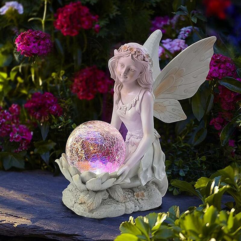 Escultura de figura de Ángel de resina, lámpara de decoración Solar de hadas de flores, estatua de niña, Villa al aire libre, patio, jardinería, adornos de paisaje