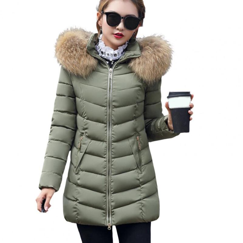Abrigo de algodón para invierno, capucha peluda con cremallera, longitud media, mangas largas acolchadas