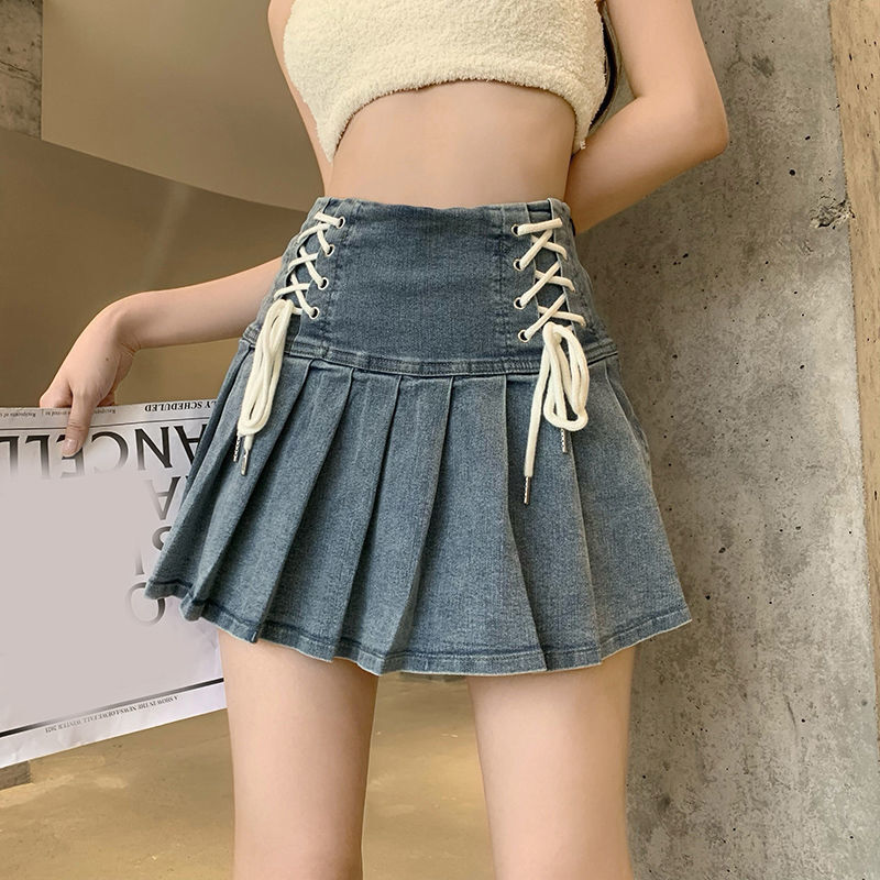 Saia jeans de Harajuku feminina, minissaia fina, cintura alta, bandagem, moda coreana, roupa Y2K, verão, 2023