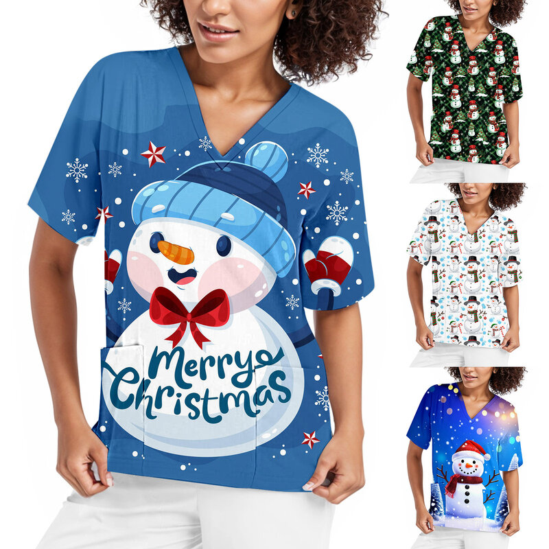 Snowman Christmas Pet Grooming Staff Overalls Scrub Top Women Short Sleeve Uniform V Neck Doctor Overalls Pocket Shirt Nursing
