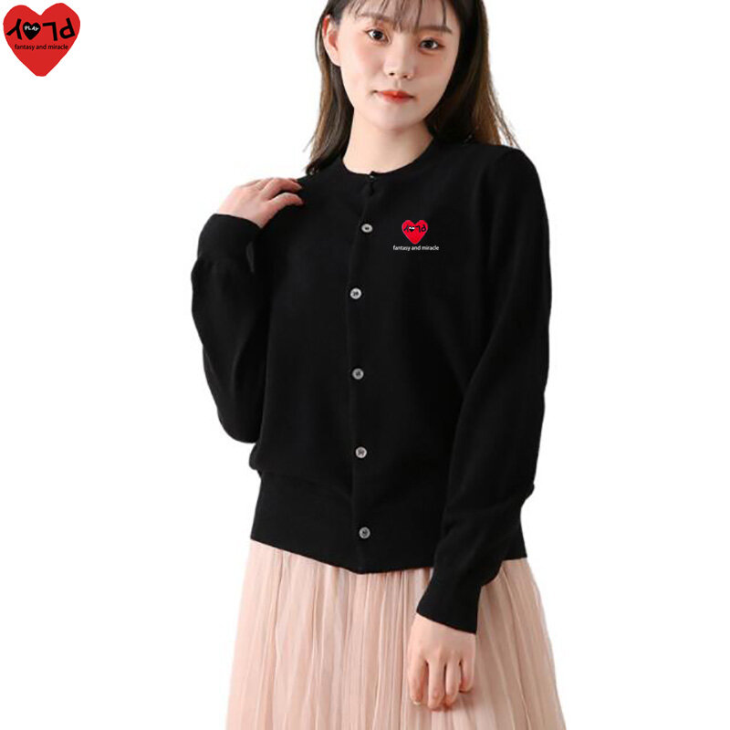 Frauen Strickjacke Frühling Herbst O-Ausschnitt Pullover Herz Stickerei mit halben Herz Buchstaben Druck einreihige Langarm Strickjacke