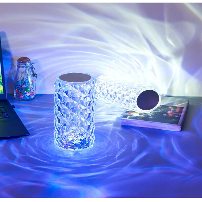 Lampu malam proyektor kristal 16 warna, lampu meja kamar tidur suasana romantis Usb dapat diisi ulang lampu malam proyektor berlian sentuh