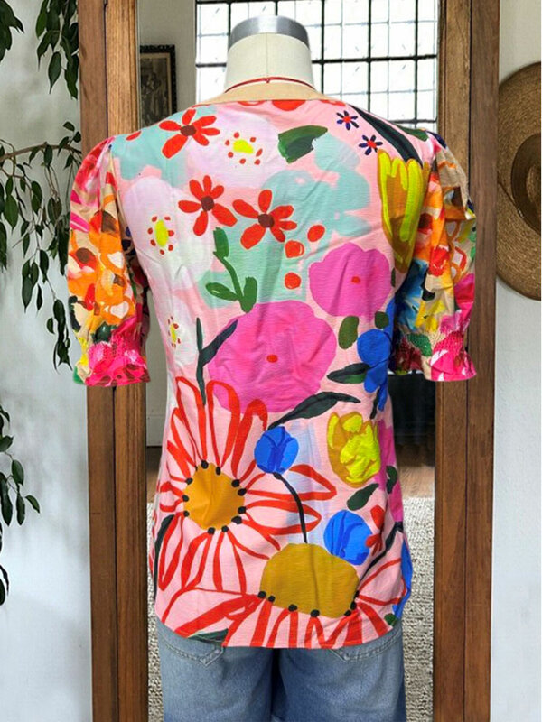 Puff Sleeve Contrast Print Top  Floral Print Short Sleeve Blouses