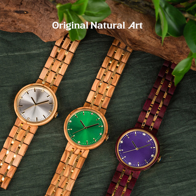 Relógio de pulso quartzo impermeável feminino, relógio artesanal, leve, ajustável, banda de madeira, natural, casual, moda
