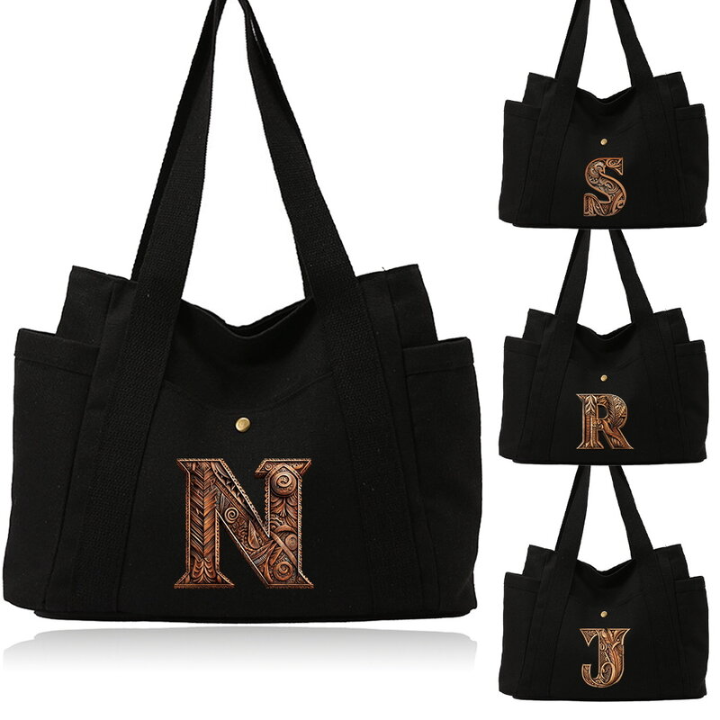 Bolso de hombro multifuncional para mujer, bolsos de lona, bolsos de compras de moda, serie de letras artísticas de madera